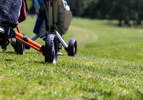 Collection of custom-stamped golf balls displayed against a panoramic golf course with rolling hills and greenery