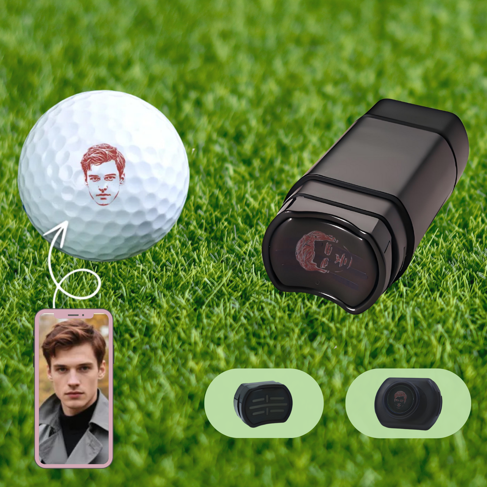 Custom Phone & image Golf ball with face, camera device, and smartphone on grass