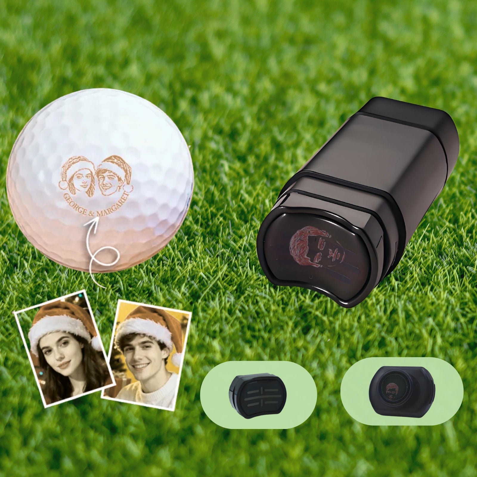 Golf ball with logo and camera device on grass, with inset images of a woman and a man wearing Santa hats.